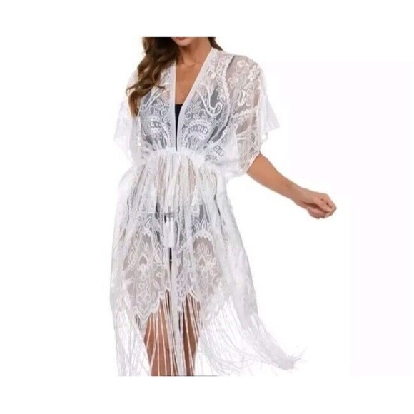 Women’s One Size Lace Swimsuit CoverUp Kimono White New Sheer Mesh Fringed Midi - Picture 1 of 11